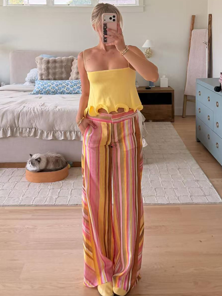 Palazzo Pant Wide - Women's Striped Pants Female Linen Wide