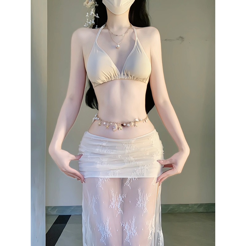 Swim Cover Up Mesh - Elegant White Floral Mesh 4 Piece