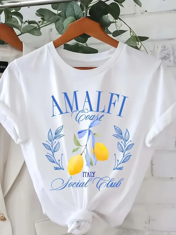 Summer Clothing Aesthetic - Lemon Print T-shirt Short Sleeve Crew