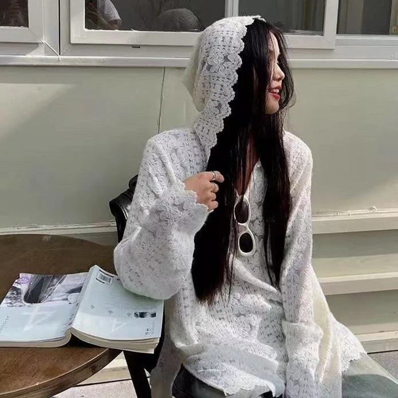 Summer Clothing Aesthetic - Y2K Lace Hooded Shirts Women Streetwear