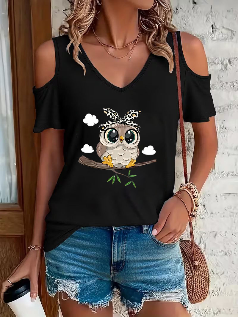 Trendy Cartoon Owl Print Off-S - Summer Clothing Drop review and price