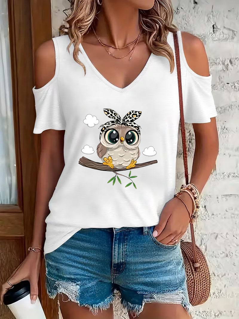Trendy Cartoon Owl Print Off-S - Summer Clothing Drop review and price