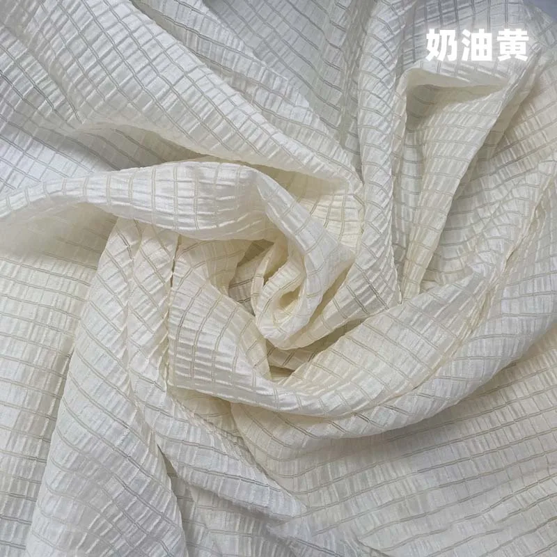 Cream Yellow Checkered Fabric  - Summer Clothing Material review and price