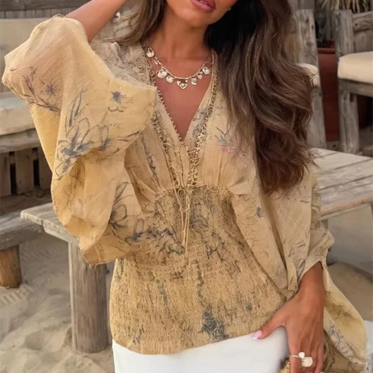 V Neck Printed Vintage Shirt W - Summer Clothing Resort review and price