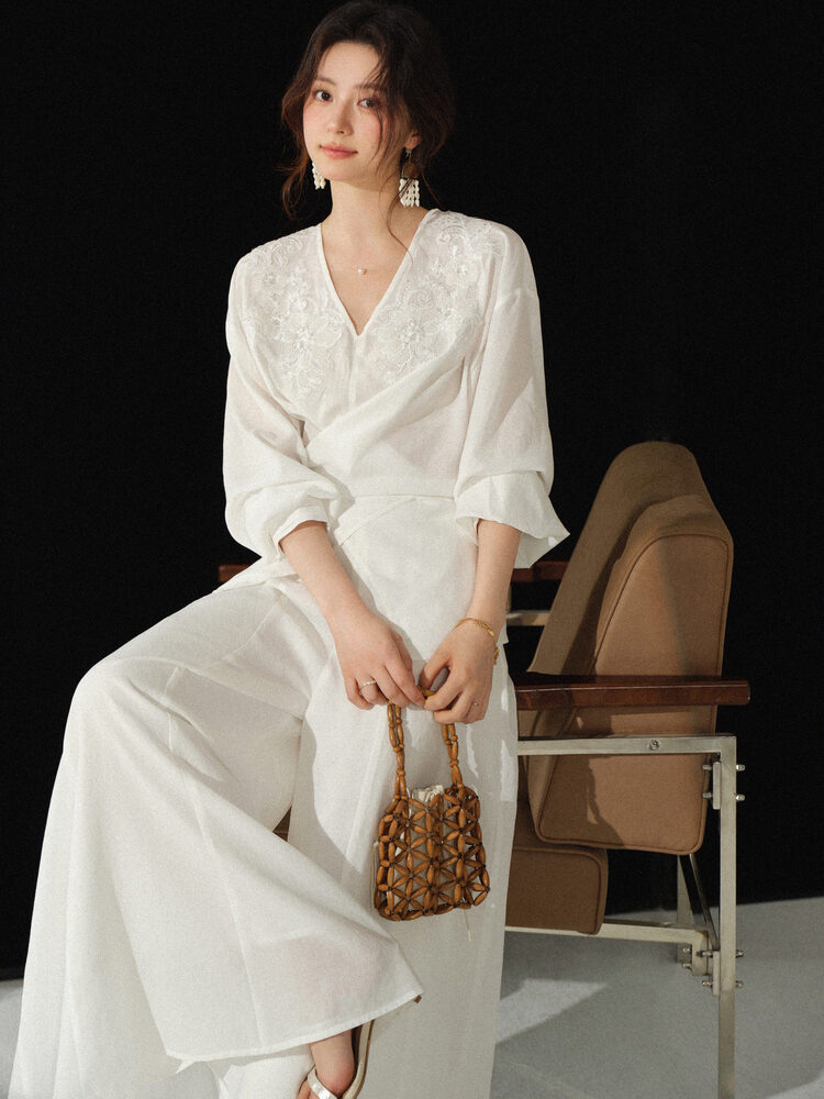 V Neck Embroidered Blouse and  - Palazzo Pant Wide review and price