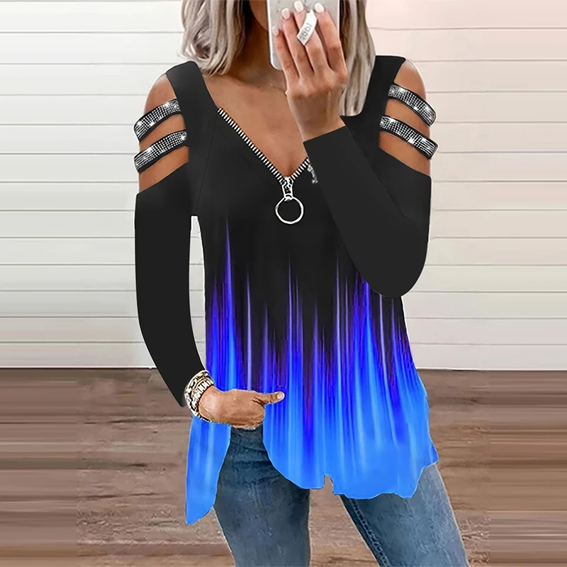 Gradient Color Zipper V Neck T - Summer Clothing Drop review and price