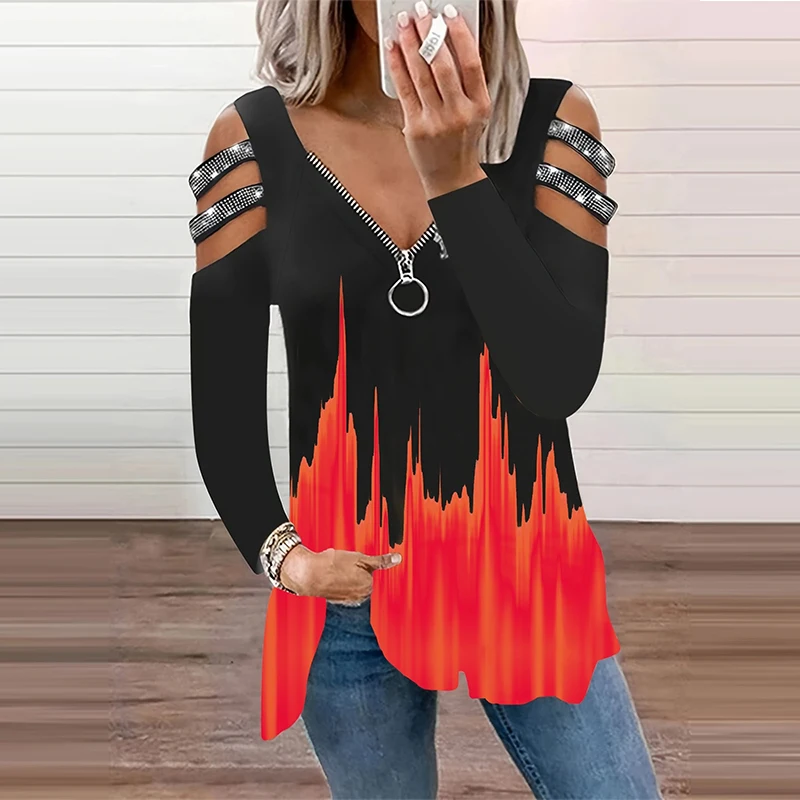 Gradient Color Zipper V Neck T - Summer Clothing Drop review and price