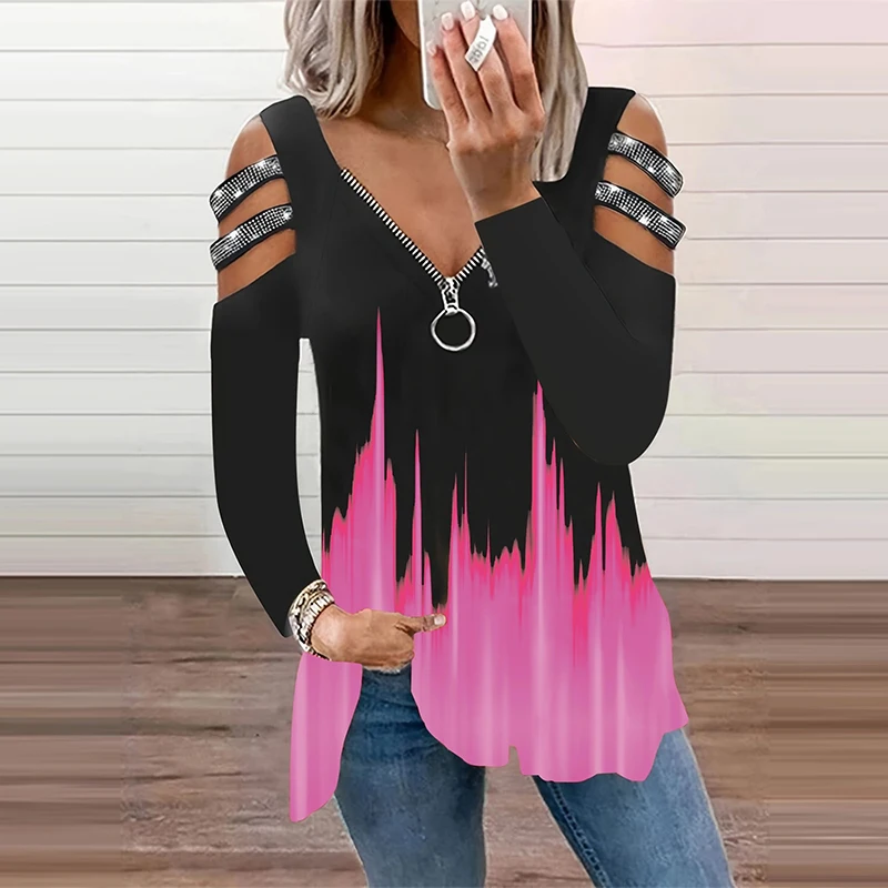 Gradient Color Zipper V Neck T - Summer Clothing Drop review and price