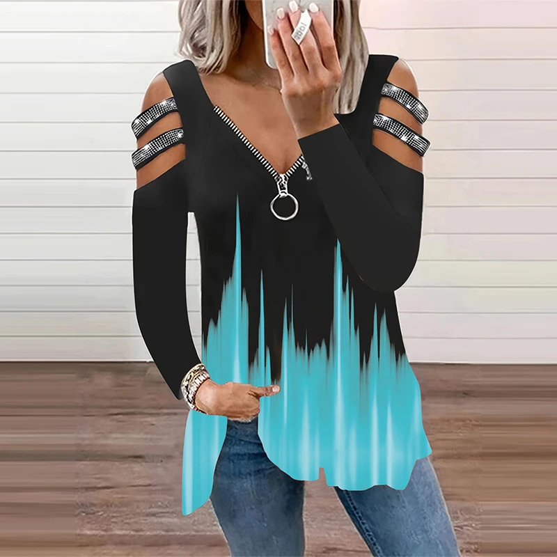 Gradient Color Zipper V Neck T - Summer Clothing Drop review and price