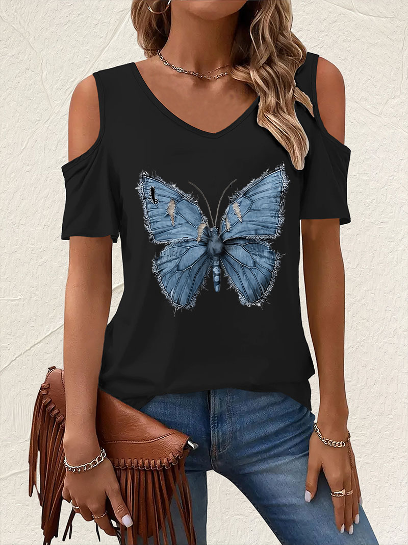 Vintage V-Neck Butterfly Print - Summer Clothing Drop review and price