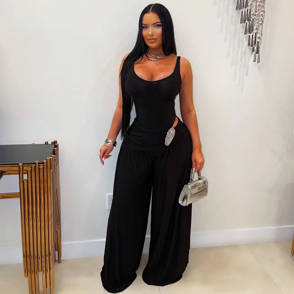 Solid Color 2 Piece Woman Set  - Palazzo Pant Wide review and price